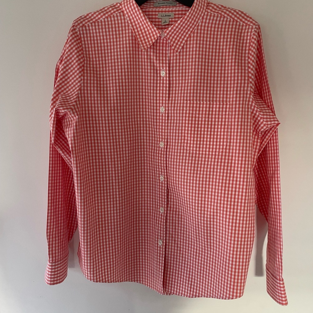 LL Bean Wrinkle Resist Coral Checkered Men’s Button Down Shirt Large EUC